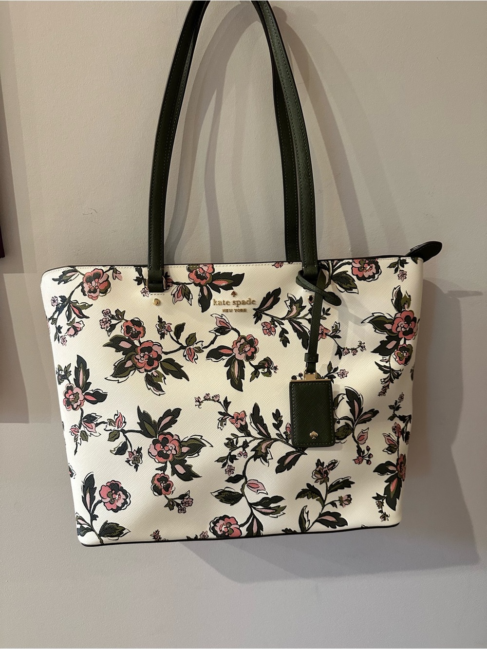 kate spade White Floral Tote with Pink Flowers and Olive Handles